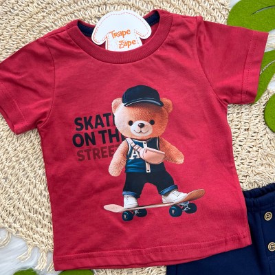  Conj. Camiseta Skate on the Street e Bermuda - Vermelho Maple